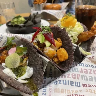 Fish taco, vegetarian taco, grilled shrimp taco