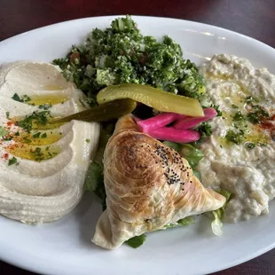 Vegetarian Platter, choose four: Tabouli, Baba Ganouj, Hummus, Spinach Pie