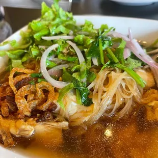 a plate of food with noodles and meat