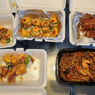 Sushi and spicy udon noodles