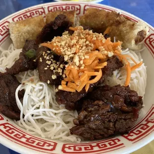 Combo roll and lemongrass beef noodles