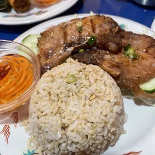 Rice plate with lemon grass pork chops. Delicious!