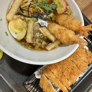Tempura udon with a side of chicken katsu.