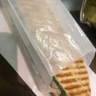 This is a YUMMY and flavorful sandwich. Chicken, pesto and red pepper (added spinach)