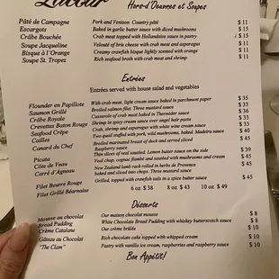 Dinner menu