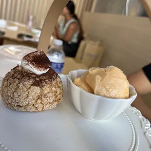 Tiramisu cream puff and mango sorbet