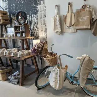 a bicycle parked in front of a display