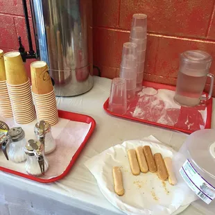 Self serve water and lady fingers?