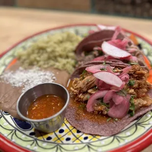 Three Tacos plate with chicken, pork and veggies