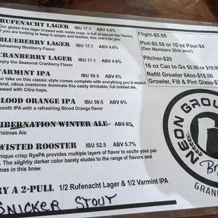 the menu for the restaurant