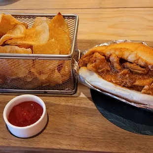 The Majestic - pork sandwich (bifana) and house fried chips.