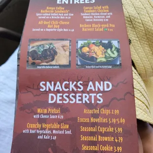 a menu for snacks and desserts