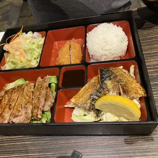 Any 2 Items 1 free side Bento Box Combo Beef teriyaki and mackerel