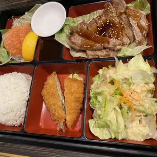 Any 2 Items 1 free side Bento Box Combo Beef teriyaki and sake sashimi