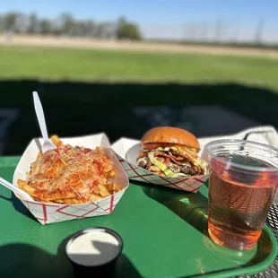 The Black and Blue burger and Pizza fries
