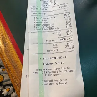 a receipt for a restaurant