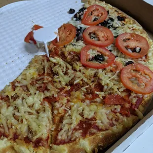 Vegan cheese undercooked pizza.