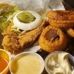 Catfish basket with onion rings and a side of fried okra