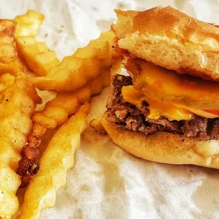 Single Burger Combo. American Cheese.  Chicken Cheese Steak.  French Fries.  Soft Drink.