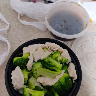 Mystery meat with broccoli.