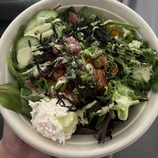Medium bowl with salmon and tuna on top of salad and wasabi aioli dressing and sesame oil