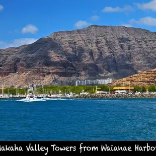 Just in case you arrive by boat, you'll see the towers backed up to one of Makaha Valley's ridges.
