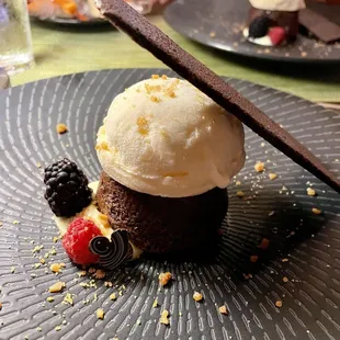 Warm chocolate toffee brownie with vanilla ice cream