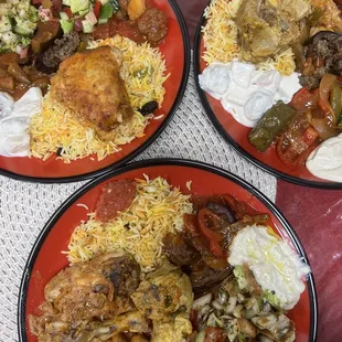 three plates of food