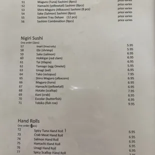 Sashimi, Nigiri, and Hand Rolls