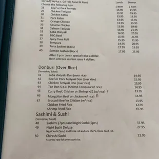 Bento Combinations, Donburis, and Sashimi &amp; Sushi