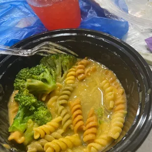 Pasta floating in Yellow water