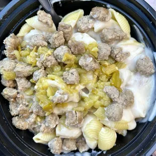 Make Create Your Own (V, K, GF, &amp; DF Options Available) with white cheddar, green chillies, and ground beef