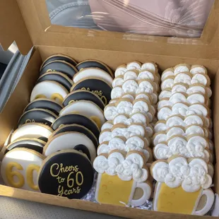 a box of decorated cookies