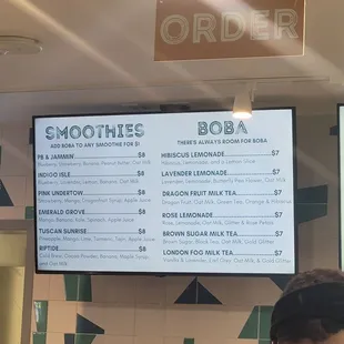 a menu for a smoothie shop