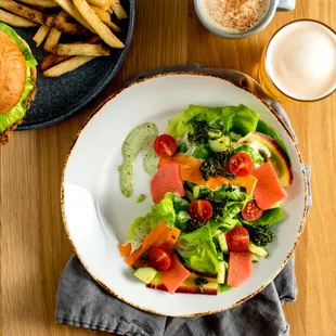 Pasture Greens Salad:
BIB LETTUCE  RAINBOW CARROTS  CHERRY TOMATO  CUCUMBER  PICKLED WATERMELON RADISH  GREEN GODDESS   BROCCOLINI