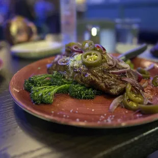 Dinner menu - Grilled ribeye, special request of sautéd onions and jalapeños
