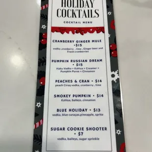Holiday Cocktails Menu