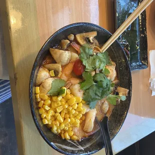 Tom Yum Shrimp Ramen with corn