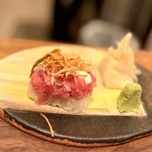 Blue fin toro w gobi chip grab handroll.  O M G!