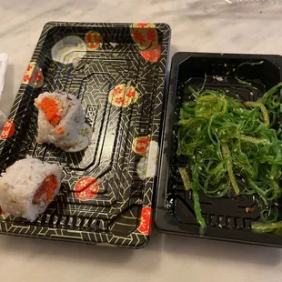Dry, stale spicy crunchy tuna roll and 3-day old seaweed salad.