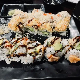 Dragon roll and volcano roll