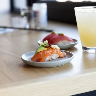 Salmon Nigiri: Avocado, Crunchy Garlic, Sriracha, House Ponzu