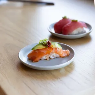 Salmon Nigiri: Avocado, Crunchy Garlic, Sriracha, House Ponzu