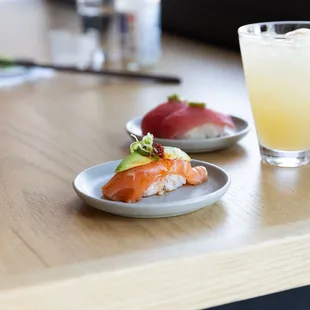 Salmon Nigiri: Avocado, Crunchy Garlic, Sriracha, House Ponzu