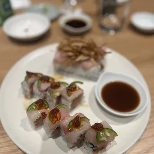 Yellowtail &amp; Blooming Onion rolls