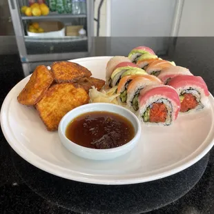 Rainbow roll with sweet potato tempura and homemade radish sauce (for the tempura).