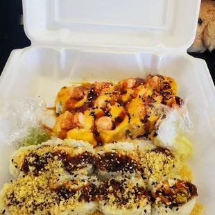 1 order of Salmon Tempira Roll 1 order of Baked Lobster Roll