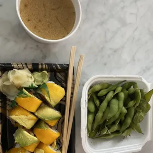 Love this place! Mango Avocado roll, soy beans and miso soup. My go to favorite! Postmate to go for dinner. Obsessed!!!! Yummmmm