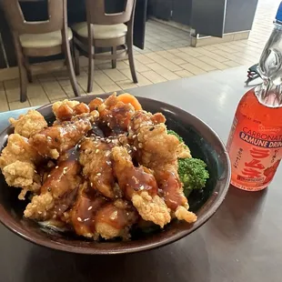 Sesame Chicken Bowl with Japanese soda