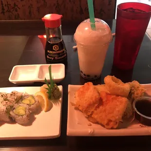 Avocado roll with ginger, wasabi and soy sauce, vegetable tempura and vanilla boba drink.